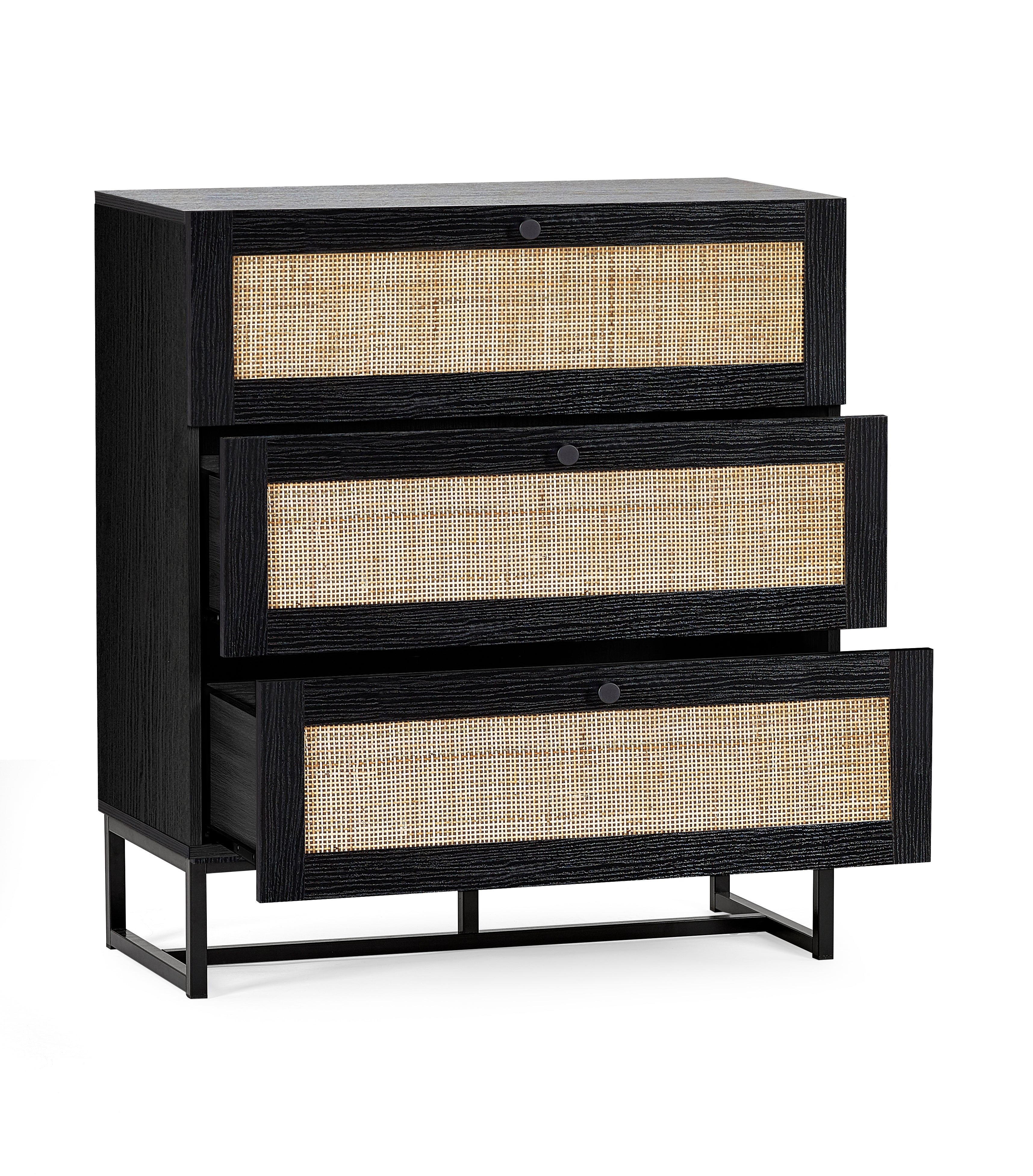 Clermont Black Oak Wood & Rattan Chest of Drawers | 3 Drawers